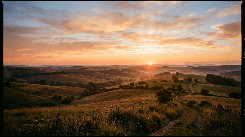 Rolling green hills with a dirt path during sunset